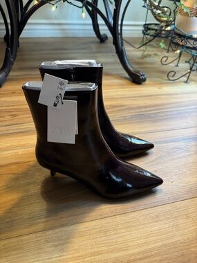 Zara Glossy Pointed-Toe Ankle Brown Boots